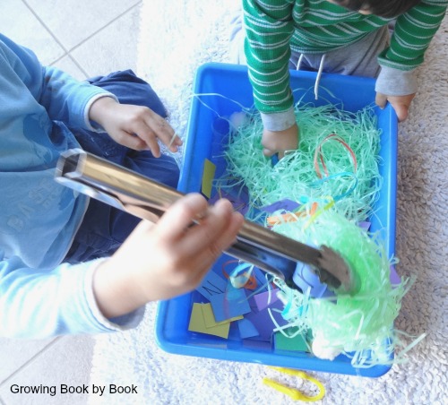 building fine motor skills while "fishing out" alphabet letters