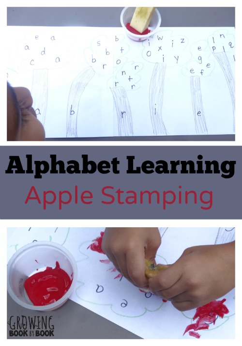 Learn the alphabet with this fun apple stamping activity. Perfect for practicing letter recognition or the letters in your name from growingbookbybook.com #PlayfulPreschool
