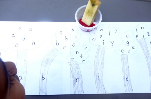 Identify the letters in your name with this apple stamping forest activity from growingbookbybook.com