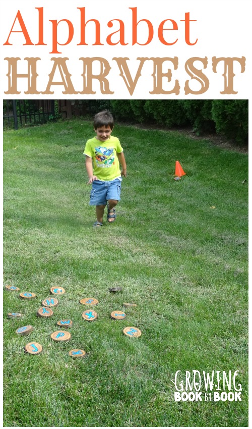 Alphabet Activities: Letter Harvest is a fun gross motor game to build letter recognition and letter sounds from growingbookbybook.com #playfulpreschool 