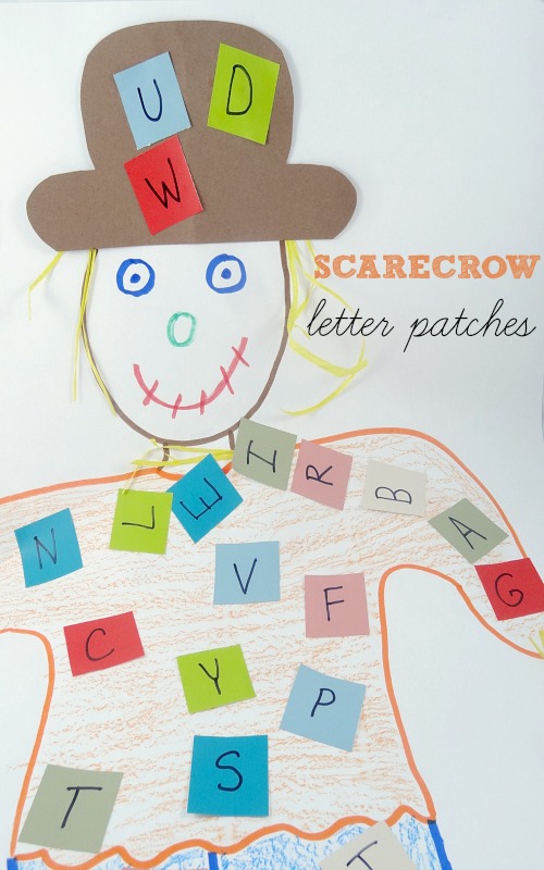 alphabet games and activities: fun scarecrow letter patch activity from growingbookbybook.com
