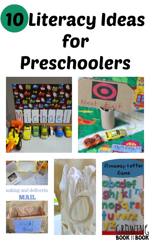Fun and playful literacy ideas for preschoolers to work on reading and writing skills from growingbookbybook.com