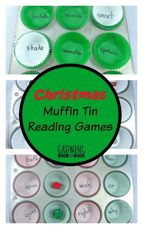 Muffin tin reading games with a Christmas theme from growingbookbybook.com
