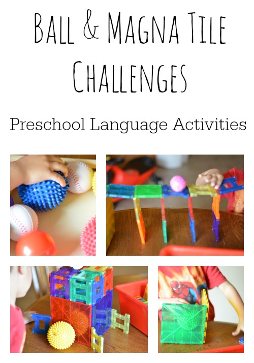Language activities for preschoolers are fun and playful with this ball and Magna Tile activity.