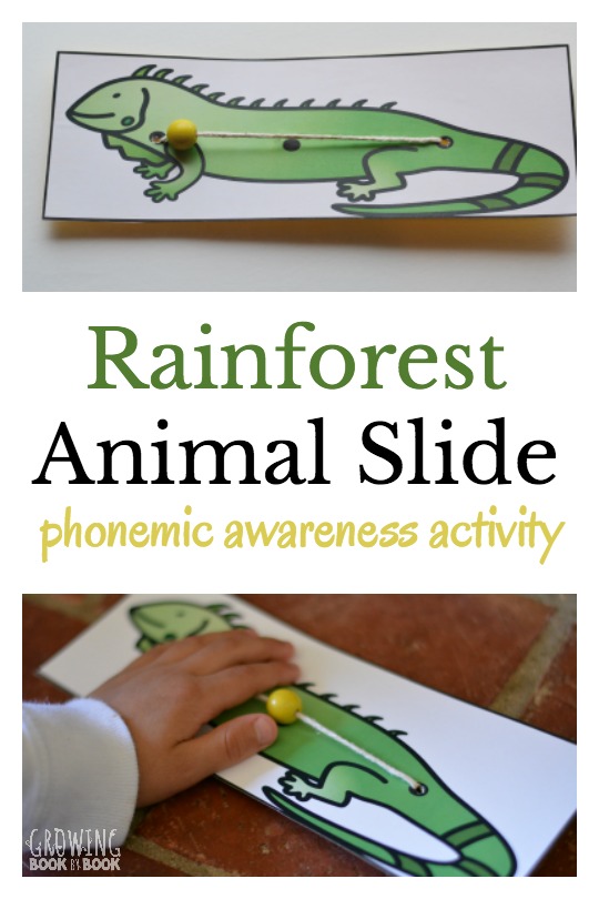 Rainforest animal slide is a playful way to build phonemic awareness. This free printable will help kids identify sounds in words. Great for helping kids get ready to read.