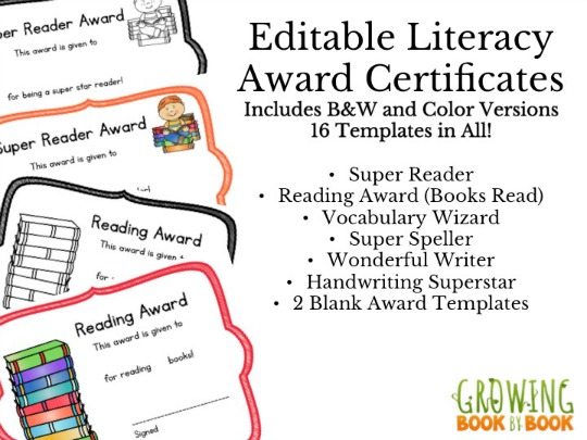 Editable Literacy Award Certificates