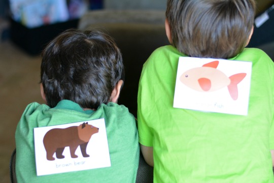 Attach the Brown Bear Brown Bear printable to the kids' backs