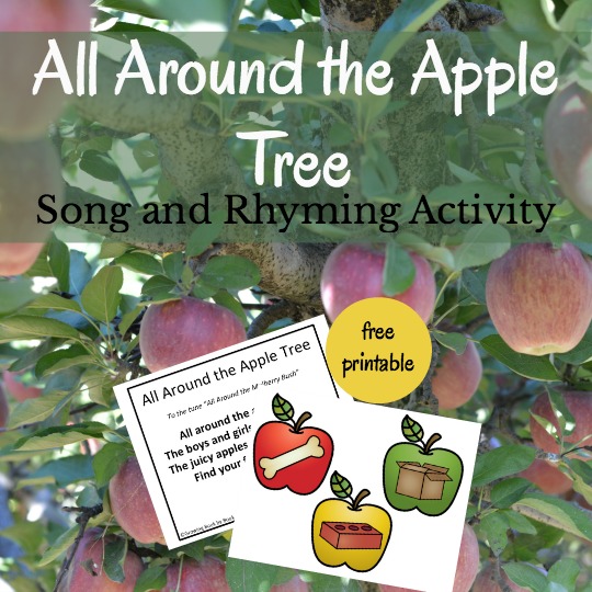 Planning an apple theme unit? Sing this All Around the Apple Tree song with kids and then complete a rhyming activity. Includes a free printable.