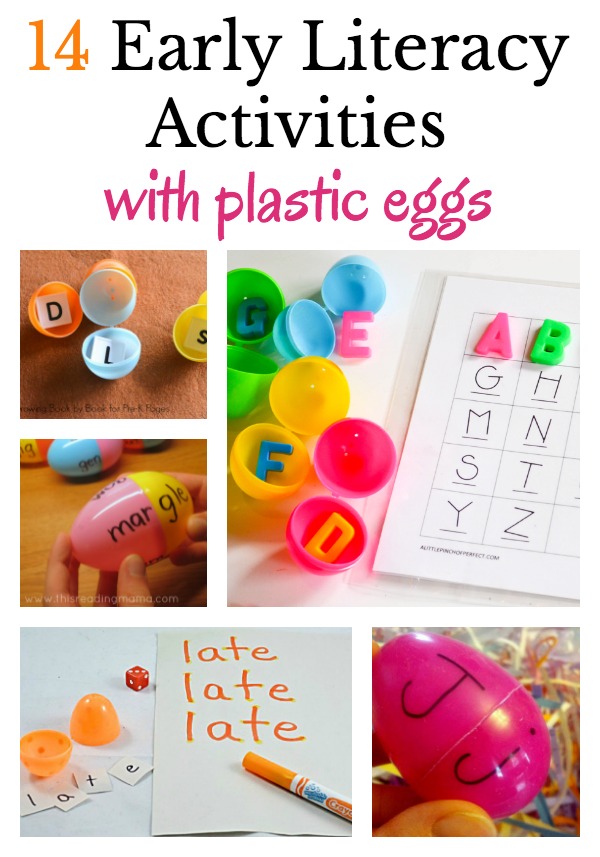 14 creative early literacy activities to do with plastic eggs. Ideas for alphabet play, sight words, word work, and reading.