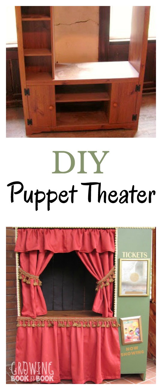 Create your own puppet theater with this DIY project. Turn an old tv stand into your very own puppet theater. Puppet ideas are also included. Check out all the details how to transform it.