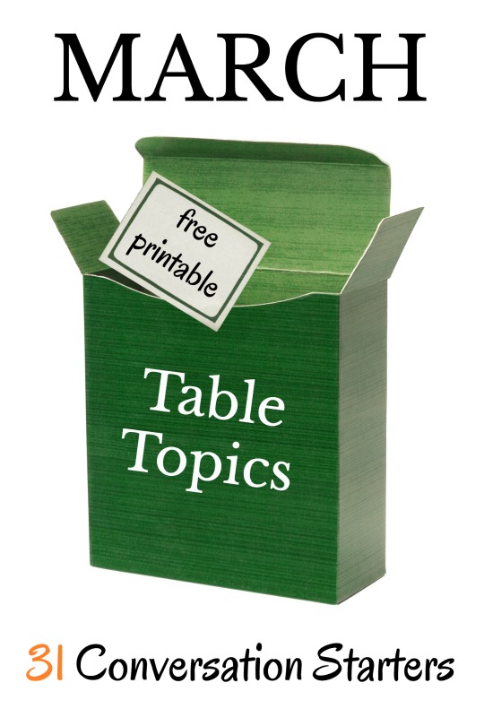 31 conversation starters to get your kids talking at the dinner table.  This month's free table topics are all about naming things when given a category.  A fun family activity.