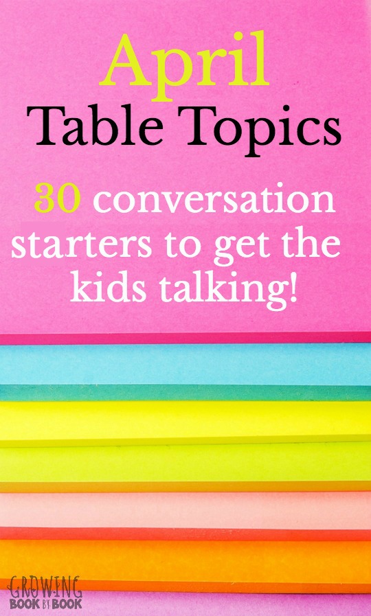 30 conversation starters to get your kids talking at the dinner table or school lunch table.  The April topics are full of funny jokes and rhymes.