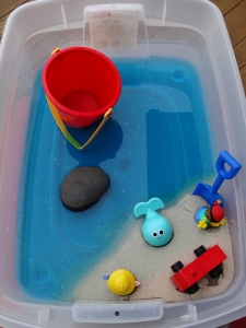 sensory bin, The Snail and the Whale book and activity