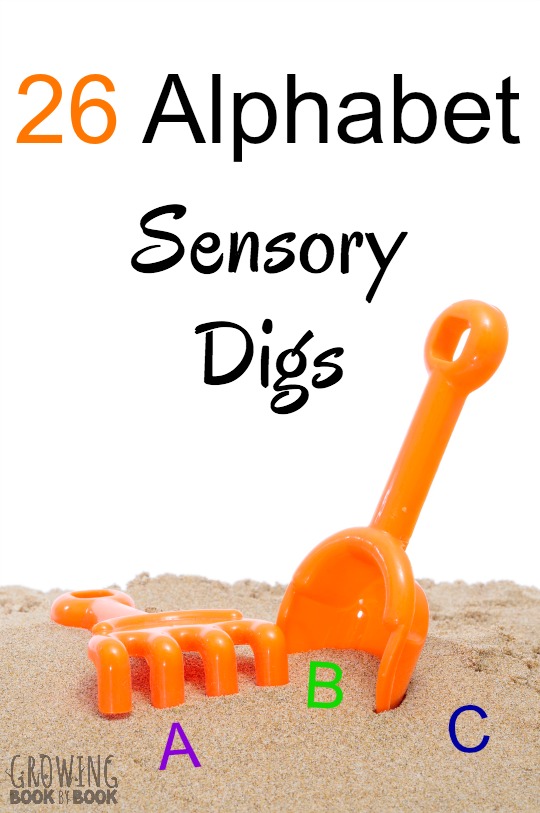 26 sensory bin ideas for creating alphabet learning digs. There is a different sensory item for each letter of the alphabet. A great way for kids to learn their letters.