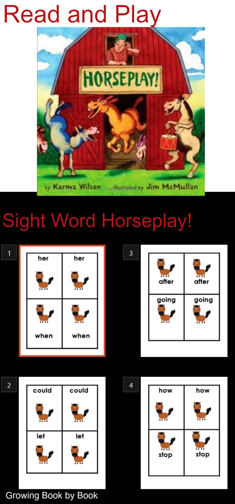 reading activities: sight word horseplay from growingbookbybook.com 