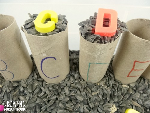 alphabet activities: cardboard tubes, magnetic letters and bird seed