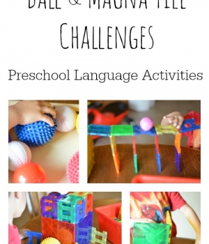 Language activities for preschoolers are fun and playful with this ball and Magna Tile activity.