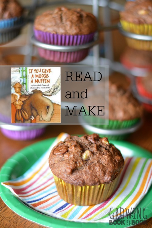 Make these yummy Hot Chocolate Banana Muffins to compliment the book If You Give a Moose a Muffin.  Fun literacy activities in the kitchen including a free printable!