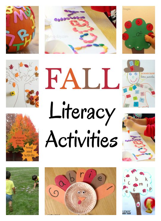 Lots of fall literacy activities to work on learning the alphabet, teaching a child their name, reading, book lists and more!