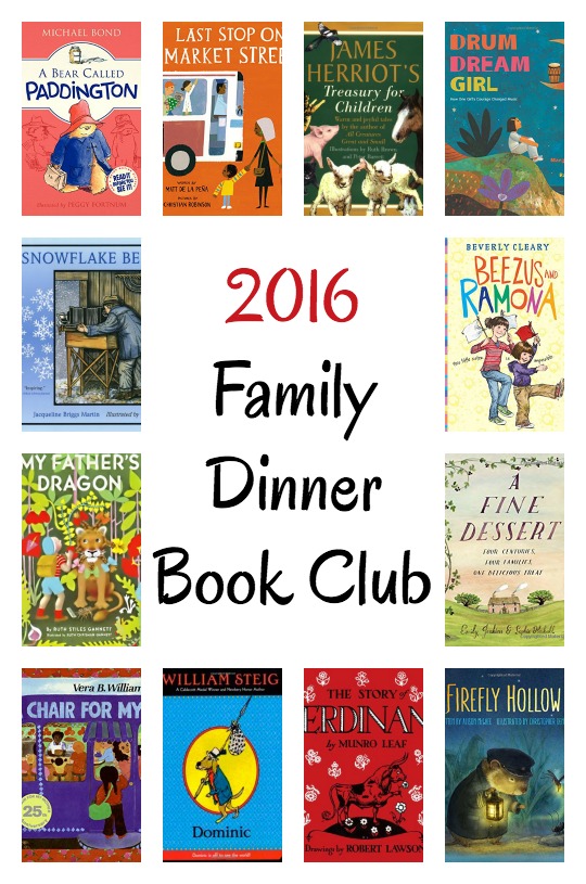 Here is the 2016 line-up for Family Dinner Book Club for 2016. Each month a themed menu, table crafts, conversation starters and a family service project.