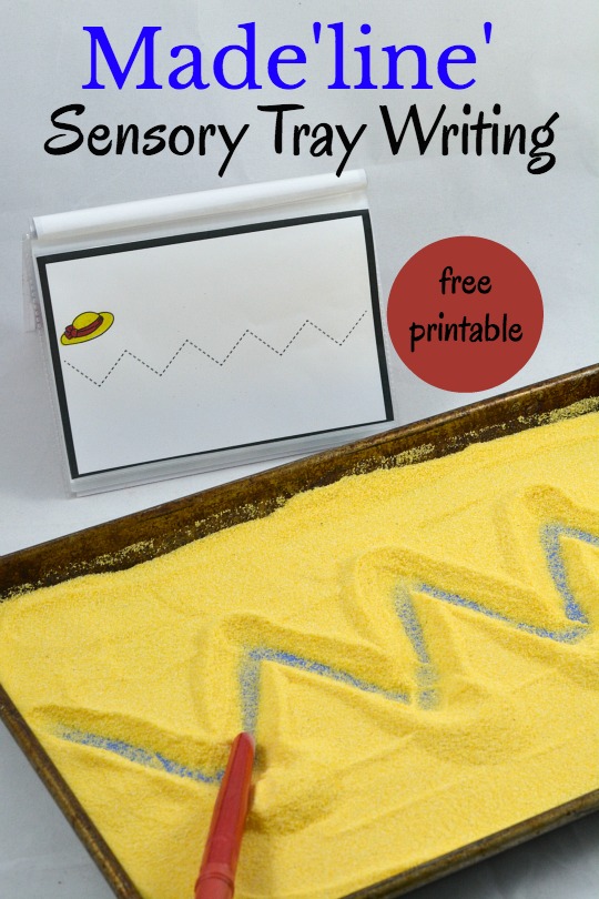 Create a sensory tray pre-writing activity to compliment the book Madeline. Includes a free printable of 10 line drawing prompts complete with a Madeline hat start marker!