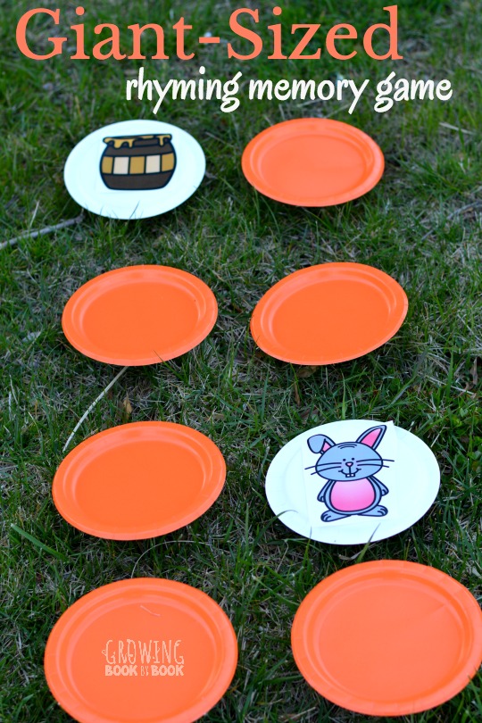 Play a giant-sized rhyming memory game to build phonological awareness. A perfect gross motor activity for outside or inside.