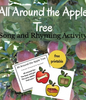 Planning an apple theme unit? Sing this All Around the Apple Tree song with kids and then complete a rhyming activity. Includes a free printable.