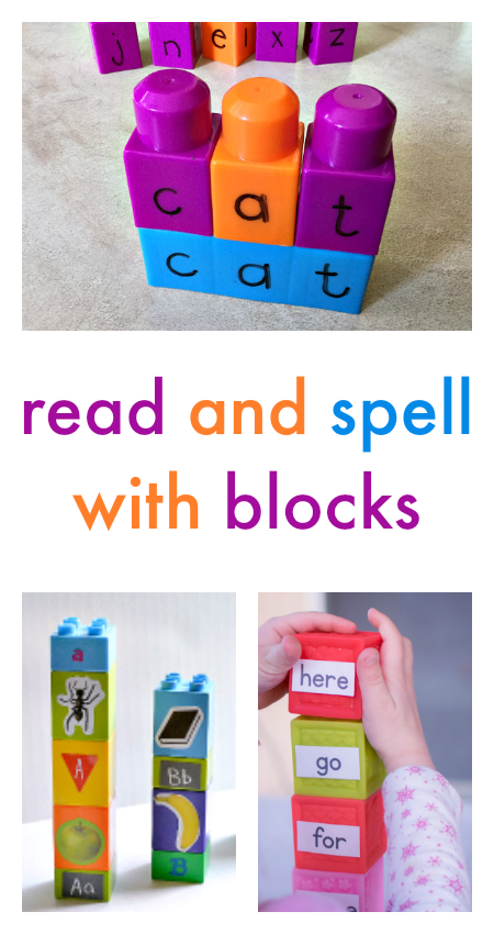 Read and spell with building activities including Lego, Duplo, and more.