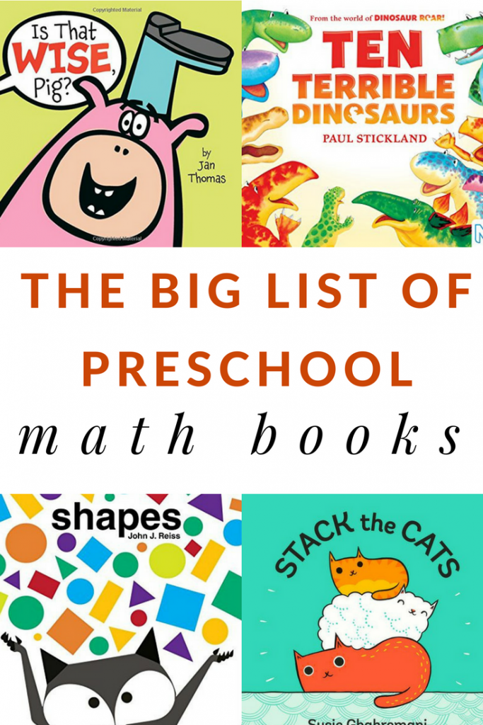 A big list of preschool math books to teach preschool math concepts such as counting, measuring, patterning, and adding. Also suggestions for the 100th day of school.