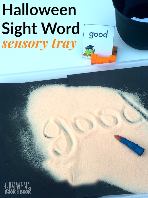A Halloween sensory activity for kids to work on reading and writing sight words. Includes free printable word cards based on the kindergarten Dolch word list.