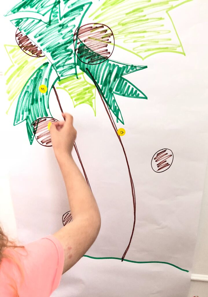 coconut tree with letter dot stickers for coconuts