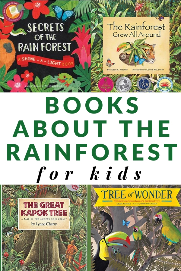 collection of book covers showing books about the rainforest for kids