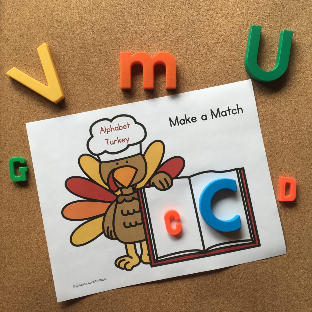 letter matching activity with magnets and turkey printable