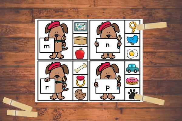 example of puppy clip cards to work on beginning sounds
